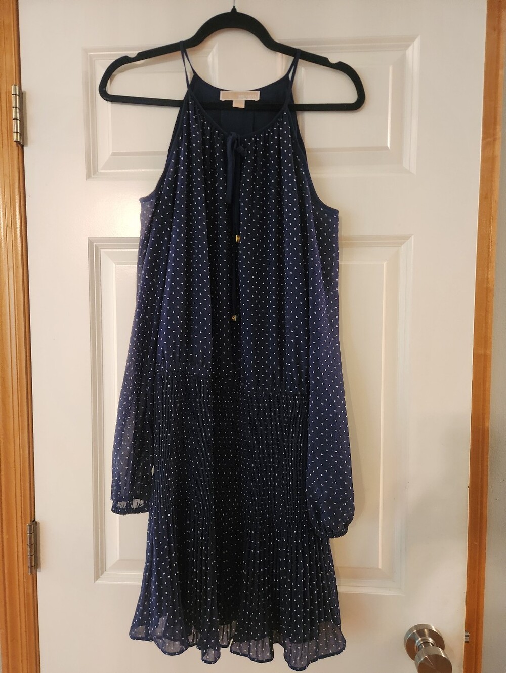 Michael Kors Navy Polka Dot Long Sleeve Midi Dress, Size Small